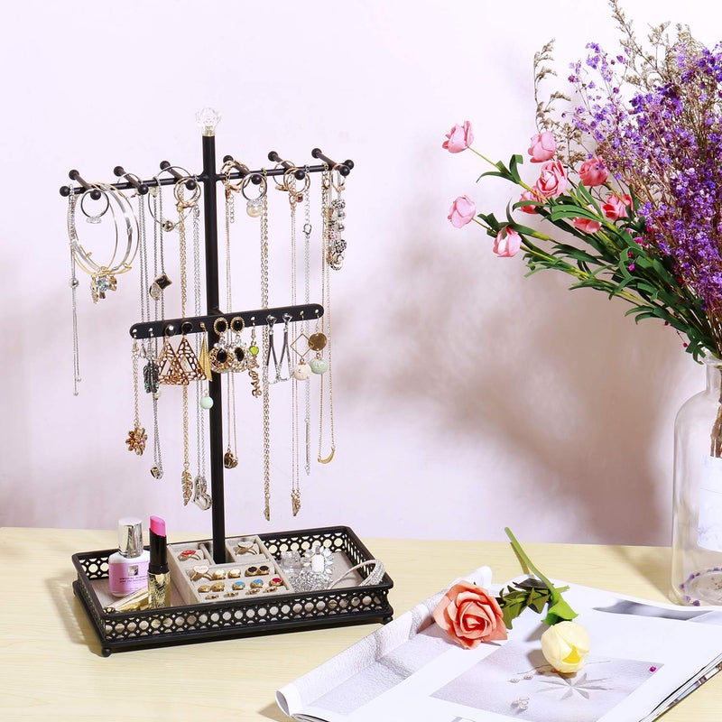 Meangood Jewelry Tree Stand Organizer 3in1 Necklace Organizer Display Bracelet Earrings and Ring Tray Jewelry Holder Hanger Metalï¼ˆBlackï¼‰ - Image 2